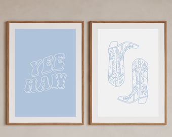 Conjunto de 2 impresiones en azul claro occidental, vaquera de moda, arte de pared occidental, botas de vaquero, descarga digital, arte imprimible