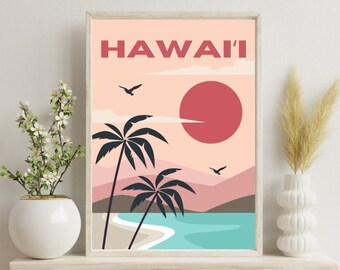 Impresión vintage de Hawaii, arte de pared retro de playa, cartel de Hawaii, descarga digital, impresión de moda