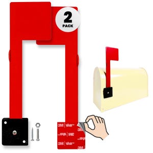 May include: A 2-pack of bright red mailbox flags featuring a rectangular shape and a white circular sticker with the text 2 PACK. The set includes black mounting brackets, screws, nuts, and adhesive backing with 3M VHB branding for installation.