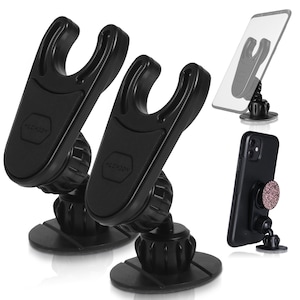 May include: Two black phone holders with suction cups and adjustable arms. The holders have a spring-loaded clamp to hold a phone securely. The holders are designed to be mounted on a dashboard or windshield.