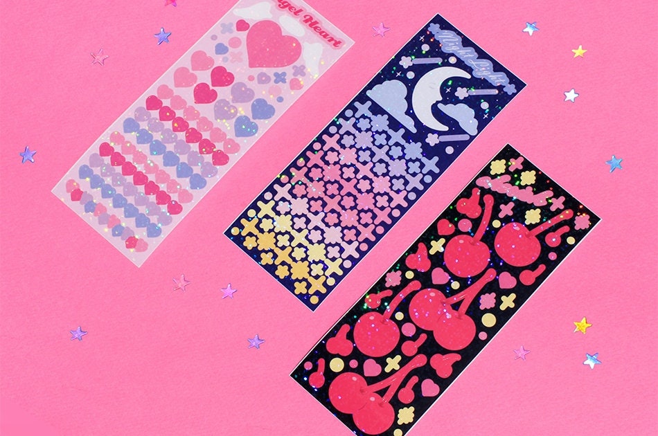 117 Glitter Hearts Sticker Fancy Small Heart Frozen Heart Pink