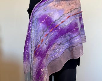 Bufanda de fieltro Nuno, fieltro húmedo, lana merino, violeta, rosa, moda lenta, arte para llevar, fieltro, fieltrado, hecho a mano, regalo para ella, boho
