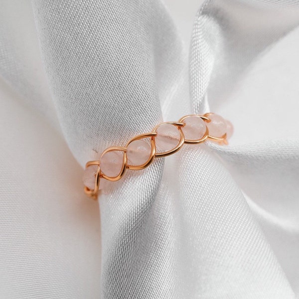 Rose Quartz Crystal Wire Wrapped Ring, Healing Crystal Ring, Dainty Gemstone Ring, Braided Gemstone Rings, Rose Quartz Gemstone, Rose Quartz