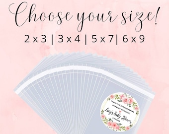 May include: A stack of clear plastic favor bags with a pink and green floral design sticker that says "Thank you for showering our baby with love! Laaj's Baby Shower 5.24.2023". The text "Choose your size! 2x3|3x4|5x7|6x9" is at the top of the image and the text "Completely Customizable" is at the bottom of the image.
