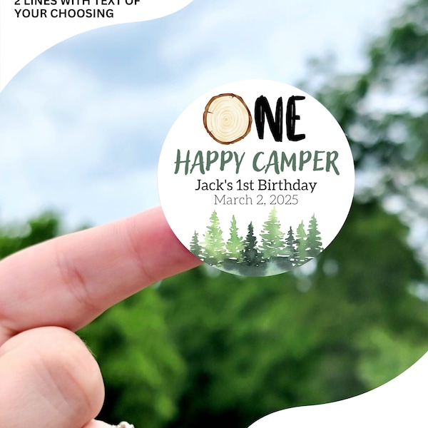 One Happy Camper 1st Birthday Stickers - Custom Woods Birthday Party Labels, Camping Theme First Birthday Stickers, Camper Birthday Favors