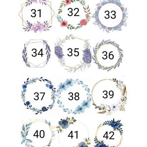 May include: A set of 48 floral wreaths with numbers 25 through 48. The wreaths are in various colors and styles, including blue, green, purple, red, and yellow.