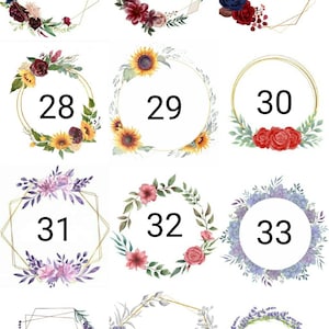 May include: A set of 12 floral wreaths with gold frames and numbers 25 through 36. Each wreath features a different floral design, including sunflowers, roses, and lavender.