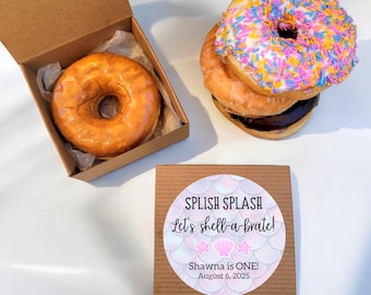 Mermaid Birthday Party Donut Box - Custom Donut Favors, Splish Splash Theme Edible Bday Favor, Donut Labels, Lets Shellabrate Birthday Party
