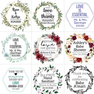 May include: Nine different floral designs for wedding, bridal shower, and baby shower favors. Each design features a floral wreath with text in the center. The text includes names, dates, and messages like "Love is Essential", "Spread Love Not Germs", and "Thank You for Celebrating Baby A'mari".