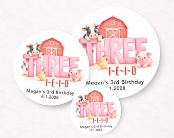 Farm Girl 3rd Birthday Stickers – THREE-i-e-i-o Barnyard Cow Third Birthday Party Favors, Pink Farm Animal Labels, Personalized Treat Seals