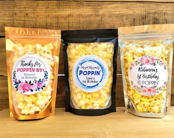 Snack Favors w/ Custom Label, 1st Birthday Party Favors, Stand Up Zip Pouch Bag, DIY Popcorn Favor, First Birthday Favor Bag, Party Favors