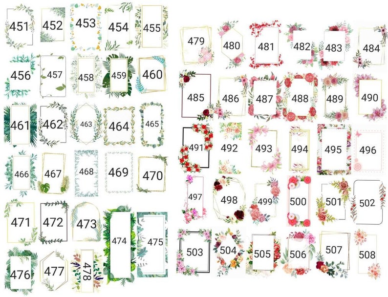 May include: A set of 58 gold frames with floral and leafy borders. The frames are numbered from 451 to 508.