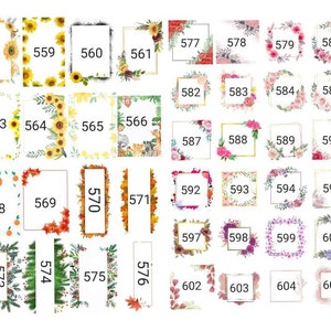 May include: A set of 60 digital floral and botanical frames in various colors and styles. The frames feature sunflowers, leaves, oranges, and flowers. The frames are numbered 557 to 606.