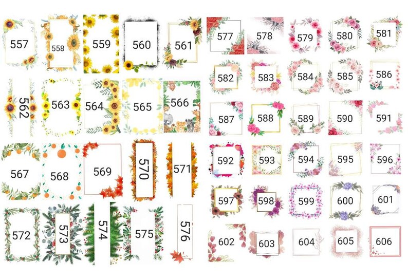 May include: A set of 60 digital floral and botanical frames in various colors and styles. The frames feature sunflowers, leaves, oranges, and flowers. The frames are numbered 557 to 606.