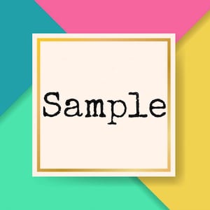 May include: A white card with a gold border and the word "Sample" printed in black.
