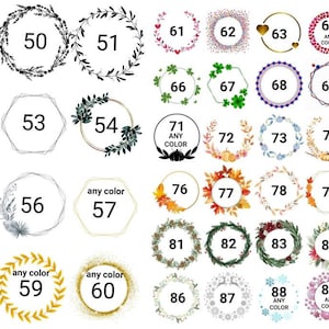 May include: A set of 90 different circle and hexagon frames with various designs, including hearts, leaves, pumpkins, snowflakes, and glitter. The frames are numbered 49 through 90 and some are labeled "any color".