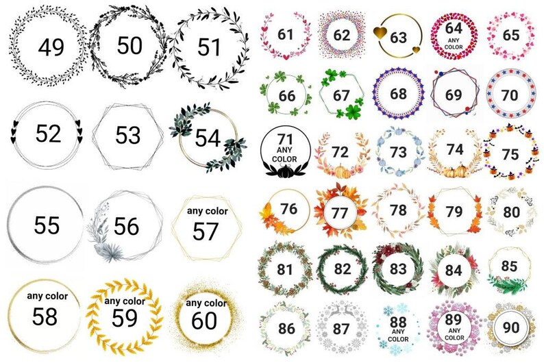 May include: A set of 90 different circle and hexagon frames with various designs, including hearts, leaves, pumpkins, snowflakes, and glitter. The frames are numbered 49 through 90 and some are labeled "any color".