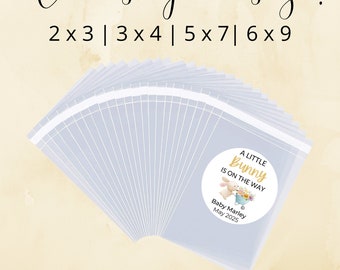 May include: A set of clear favor bags with labels that say "A Little Bunny Is On The Way" with a cute bunny illustration. The labels are in gold and white with a light blue background. The bags are available in various sizes: 2x3, 3x4, 5x7, and 6x9.