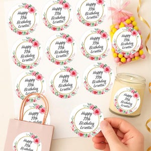 Birthday Stickers for Party Favors, Personalized Floral Labels for 50th 60th 70th 80th 90th, Custom Thank You Stickers, Circle Label Candles