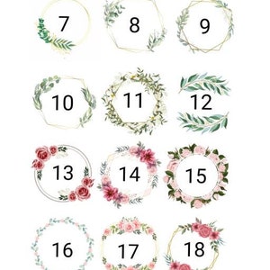May include: A set of 24 floral wreaths with gold frames, numbered 1 through 24. The wreaths are decorated with green leaves, pink and white flowers, and gold accents.