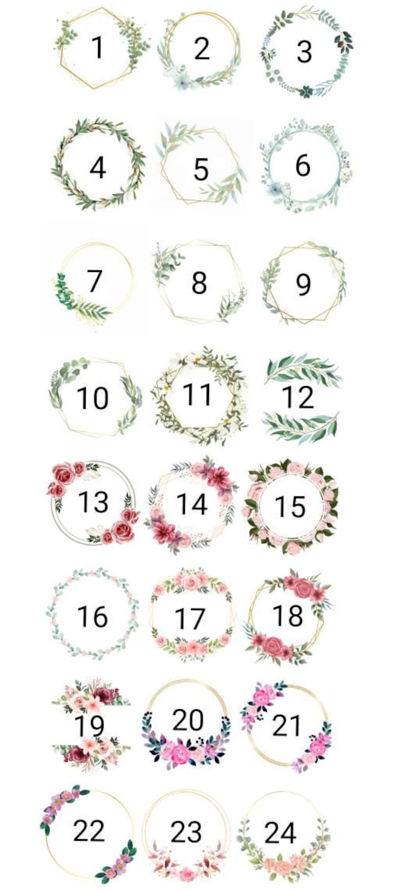May include: A set of 24 floral wreaths with gold frames, numbered 1 through 24. The wreaths are decorated with green leaves, pink and white flowers, and gold accents.