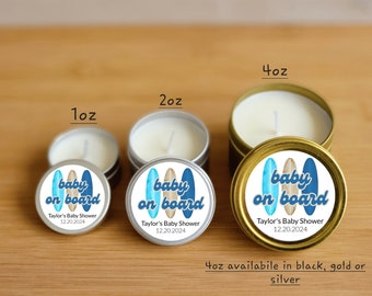 Baby on Board Baby Shower Candle Favors - FULLY ASSEMBLED - Custom Ocean & Beach Shower Candles, Boy Surf Beach Theme, Blue Surfboard Favor