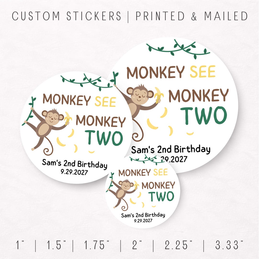 Monkey See Monkey TWO Stickers — 2nd Birthday Jungle Monkey Party Favor ...