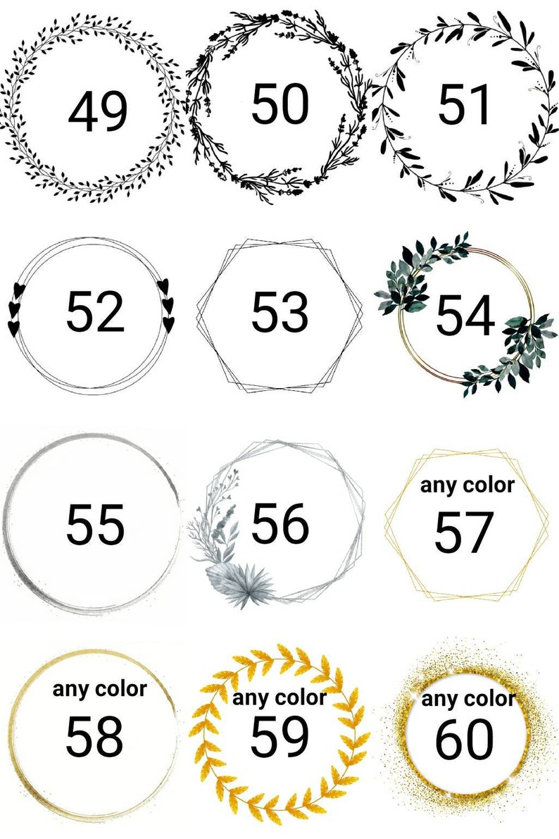 May include: A set of 10 digital wreath frames, numbered 49 through 60. The frames are in various styles, including floral, geometric, and glitter. Some frames are in black and white, while others are in gold, silver, and green.