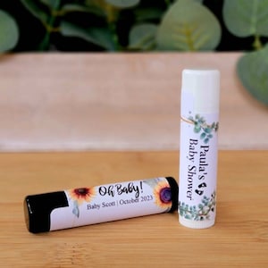 Custom Lip Balm Favors - Gender Neutral Baby Shower Chapstick w/ Custom Label - PRE-ASSEMBLED, Vanilla or Cherry, Gender Neutral Baby Favors