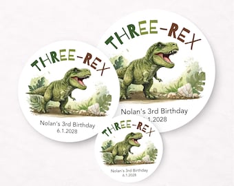 Three-Rex Birthday Stickers – T Rex 3rd Birthday Party Favors, Dinosaur Third Birthday Labels, Personalized Jurassic Theme Treat Bag Seals