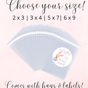 May include: A stack of clear cellophane bags with a sticker that says "An Easter Treat for Some Bunny Sweet". The sticker features a cartoon bunny in an egg. The image also includes text that says "Choose your size! 2x3 | 3x4 | 5x7 | 6x9" and "Comes with bags & labels!"