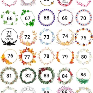 May include: A set of 90 different wreath designs, each with a unique number and theme. The wreaths are in various colors and styles, including hearts, stars, pumpkins, and flowers.