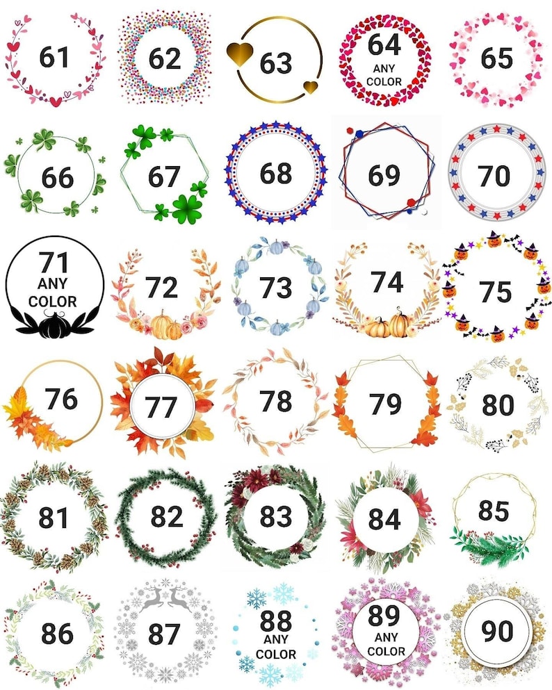 May include: A set of 90 different wreath designs, each with a unique number and theme. The wreaths are in various colors and styles, including hearts, stars, pumpkins, and flowers.