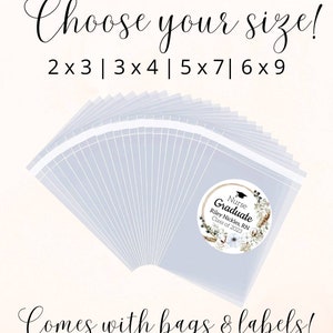 May include: A set of clear plastic bags with labels for a graduation party. The labels are round and feature a floral design with the text "Nurse Graduate" and "Riley Nickles, RN Class of 2023". The bags are available in various sizes: 2x3, 3x4, 5x7, and 6x9 inches.