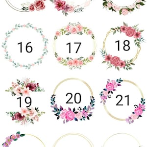 May include: Twelve floral wreaths with gold frames, each with a number from 13 to 24. The wreaths are decorated with pink, white, and burgundy flowers.