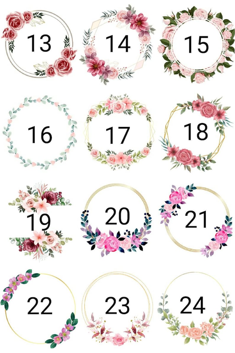 May include: Twelve floral wreaths with gold frames, each with a number from 13 to 24. The wreaths are decorated with pink, white, and burgundy flowers.