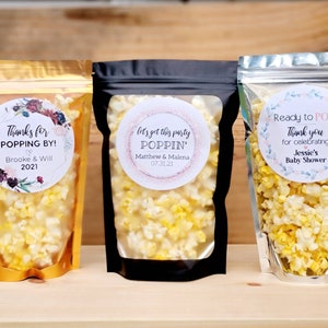 Snack Favors w/ Custom Label, Popcorn Favor, Stand Up Zip Pouch Bags, DIY Party Favors, Wedding Favor Bags, Treat Bag Favor, Baby Shower Bag