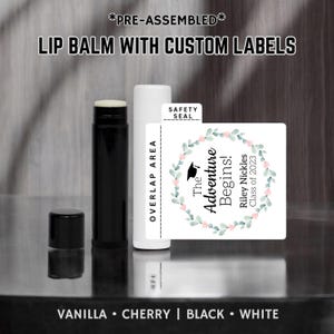 Graduation Lip Balm Favors - FULLY ASSEMBLED - Vanilla or Cherry - Grad Party Lip Balm, Grad Party Favors, Custom Graduation Party Lip Balm