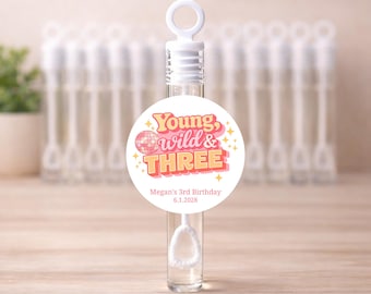 Young Wild & Three Bubble Favors - Retro Disco 3rd Birthday Decorations, Groovy Party Theme, Personalized Bubble Wands, Kids Party Favor Bag