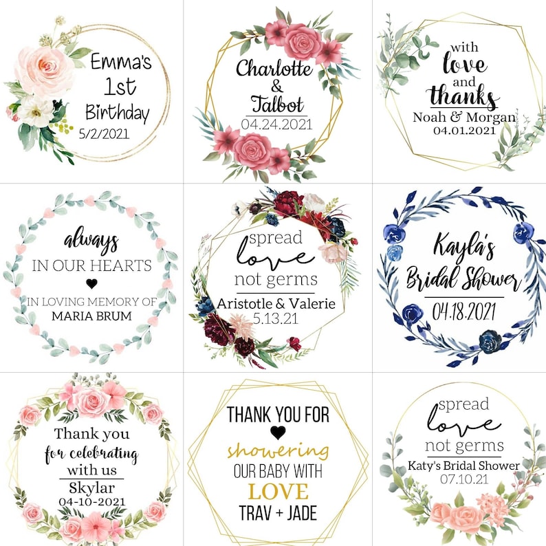 May include: Nine different floral designs with text overlays. The designs feature various colors, including pink, blue, red, and green. The text includes names, dates, and messages such as "Emma's 1st Birthday", "Charlotte & Talbot", "with love and thanks", "always in our hearts", "spread love not germs", "Kayla's Bridal Shower", "Thank you for celebrating with us", "THANK YOU FOR showering our baby with LOVE", and "spread love not germs".