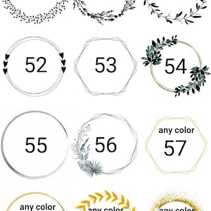 May include: A set of 10 digital wreath frames, numbered 49 through 60. The frames are in various styles, including floral, geometric, and glitter. Some frames are in black and white, while others are in gold, silver, and green.