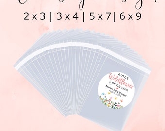 May include: A stack of clear plastic bags with labels that say "A Little Wildflower is on the Way!" with a floral design and the text "Marie's Baby Shower August 2024". The text "Choose your size! 2x3 | 3x4 | 5x7 | 6x9" is at the top of the image. The text "Comes with bags & labels!" is at the bottom of the image.