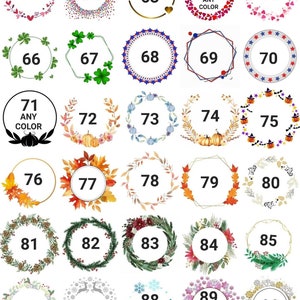 May include: A set of 90 different wreath designs, each with a unique number and theme. The wreaths are in various colors and styles, including hearts, stars, pumpkins, and flowers.
