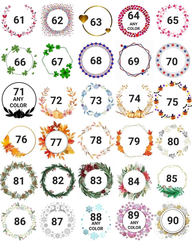 May include: A set of 90 different wreath designs, each with a unique number and theme. The wreaths are in various colors and styles, including hearts, stars, pumpkins, and flowers.