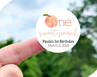 One Sweet Peach 1st Birthday Stickers - Custom Peach Birthday Party Labels, Sweet as a Peach Theme First Birthday Stickers, Birthday Favors