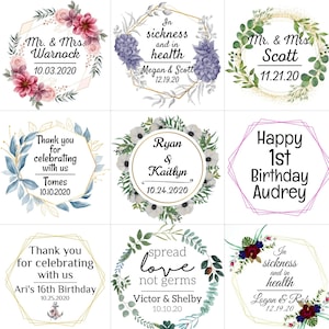 May include: Nine different floral designs with text overlays. The designs feature wreaths of flowers and greenery with gold, pink, and white accents. The text includes names, dates, and phrases like "Mr. & Mrs. Warnock", "In sickness and in health", "Happy 1st Birthday Audrey", and "Spread love not germs".