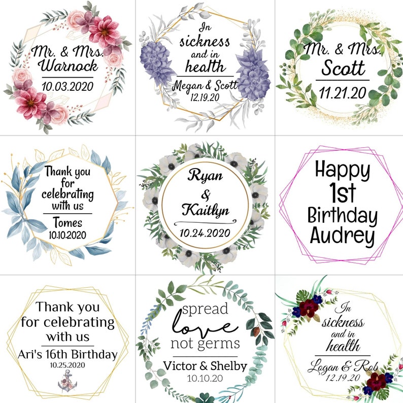 May include: Nine different floral designs with text overlays. The designs feature wreaths of flowers and greenery with gold, pink, and white accents. The text includes names, dates, and phrases like "Mr. & Mrs. Warnock", "In sickness and in health", "Happy 1st Birthday Audrey", and "Spread love not germs".