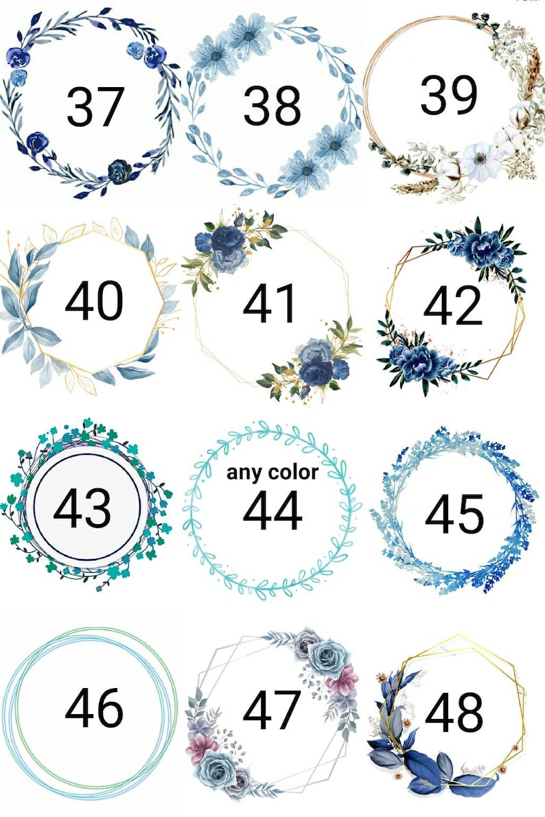 May include: A set of 12 digital wreath clip art images in various styles, including floral, geometric, and leafy designs. The wreaths are in shades of blue, green, and white. The numbers 37 through 48 are displayed in the center of each wreath.