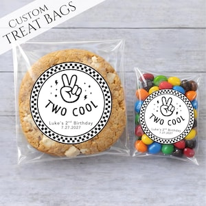 Two Cool 2nd Birthday Treat Bags – Personalized Retro Checkerboard Party Favor Bags, Clear Self Seal Candy Cookie Snack Bags, Edgey Vibe