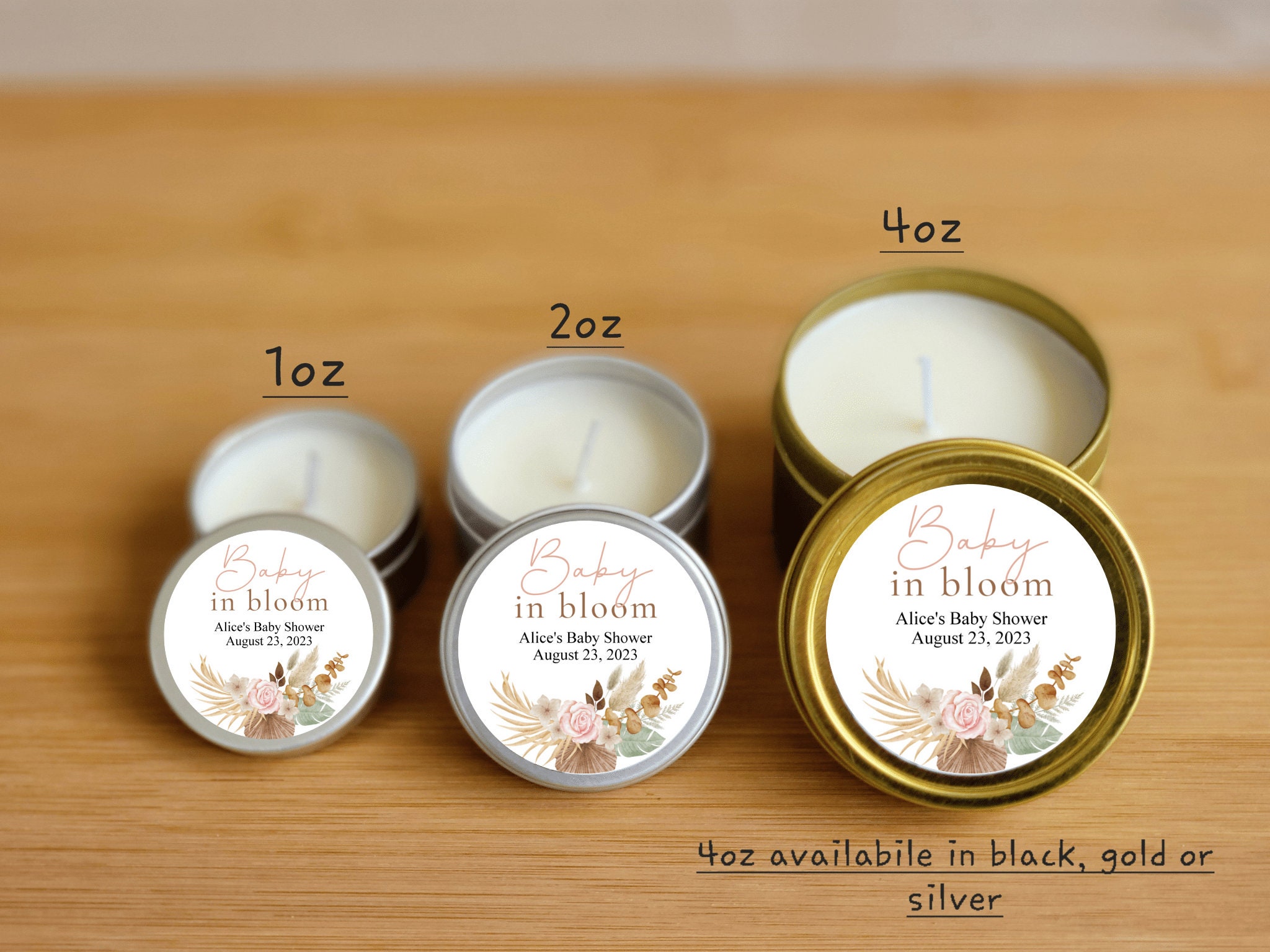 Custom Label Floral 4 oz. Candle Tin Favor Set